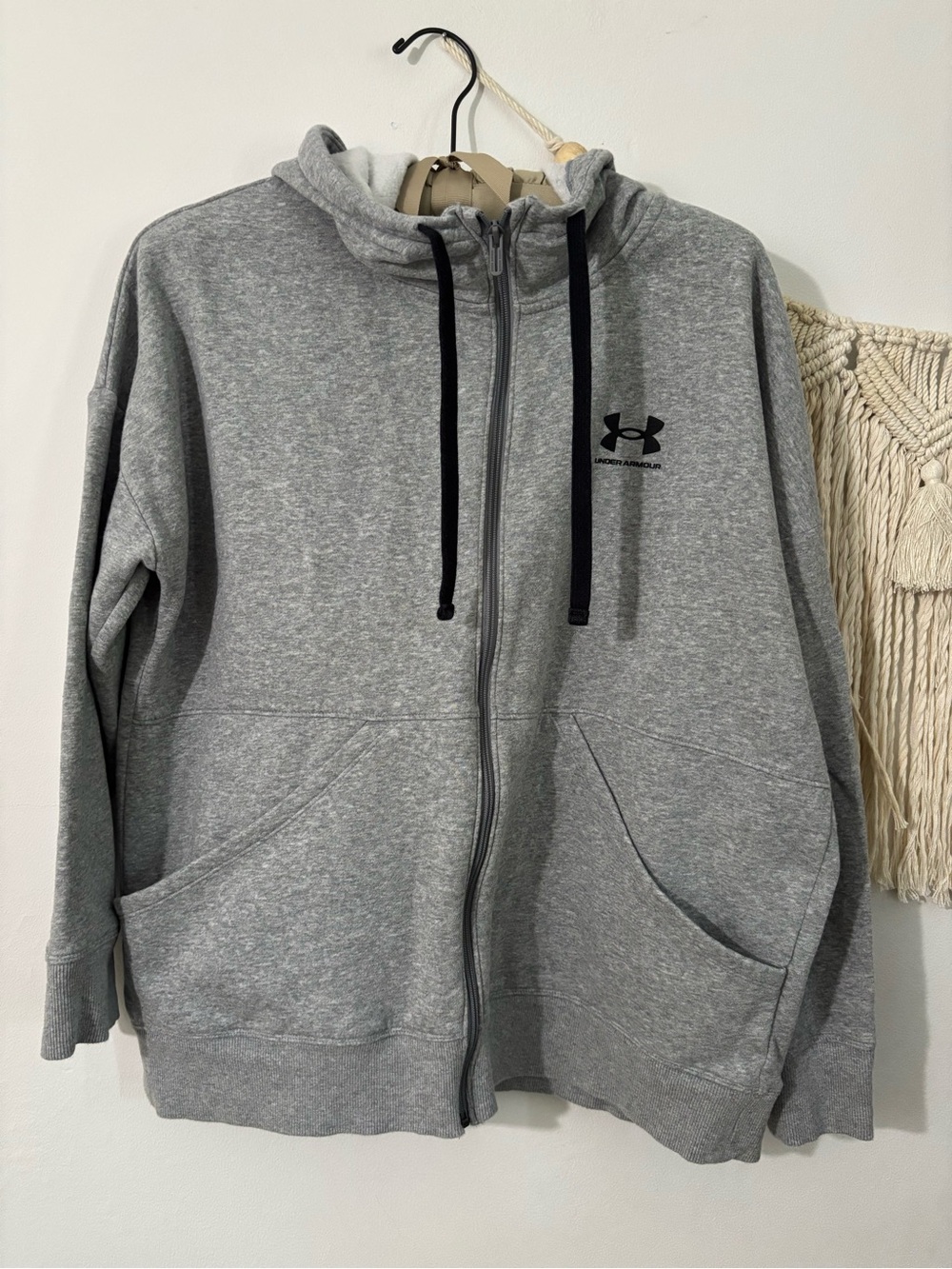 Under Armour Women's Heather Gray Full-Zip Hoodie with Black Drawstrings